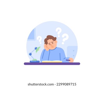 Illustration of a man confused and wondering. leaned his head against into hand. Supporting the head with hand. difficulty thinking. think of an idea, solution, or answer. Questions and problems