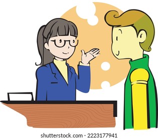 Illustration of a man to consult and a woman at the reception