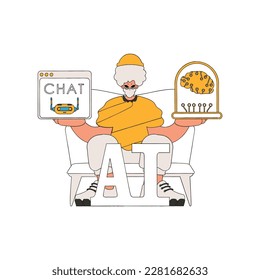 Illustration of a man conversing with AI held in his hands.