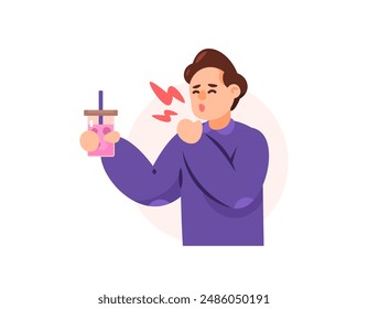 illustration of a man coughing and drinking too much ice. coughing due to drinking too many sweet drinks. consuming too much sugar. health problems. flat style character design. graphic elements