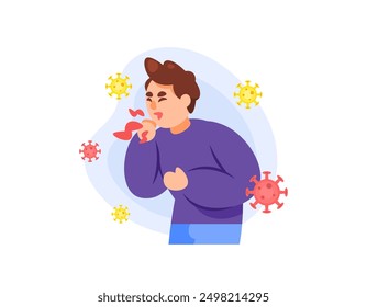 Ilustración de un hombre que tose. Tos debido a una infección por virus, bacterias o gérmenes. infectado por virus. Tos tan fuerte. Enfermedad y problemas de salud. Diseño de personajes de estilo plano. Elementos gráficos