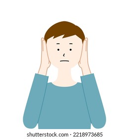 Illustration of a man covering his ears with both hands, Hear no evil (white background, vector, clipping)