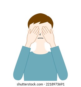 Illustration of a man covering his eyes with both hands, See no evil (white background, vector, clipping)