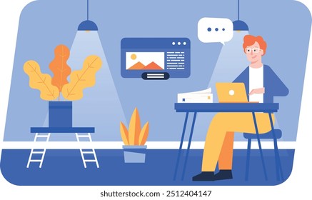 Illustration of a man creating writing content, an energetic illustration that gives the impression of a creative and intelligent person. 