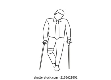 Illustration of man with crutch in hospital background. Outline drawing style art
