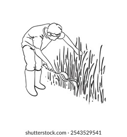 illustration of man cutting grass with a sickle line art design concept