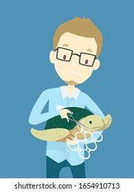 Illustration Of A Man Cutting Six Pack Plastic Rings Off A Poor Turtle. Example Of Plastic Pollution