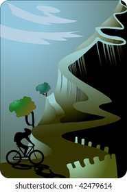 Illustration of man cycle riding with mountain	