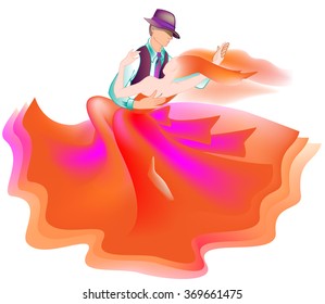 Illustration of  man dancing the tango with a beautiful woman in a red dress, vector cartoon image.