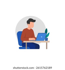 Illustration of a man deeply engaged in work at his laptop, seated at a simple desk with a blue chair and a decorative plant.