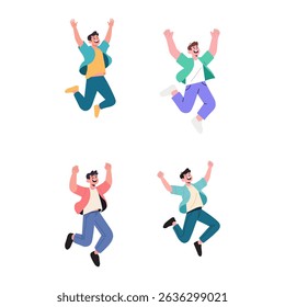 The illustration of a man is depicted in a dynamic jumping pose, hands raised high in celebration.
