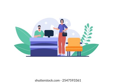 An illustration of a man at a desk interacting with a woman holding documents in an office setting surrounded by foliage. Vector illustration