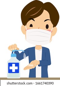 Illustration of a man disinfecting  hands