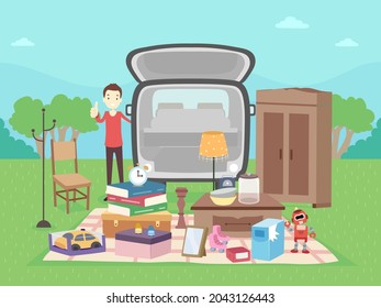 Illustration of a Man Displaying Books, Chair, Clock, Toys, Wardrobe Cabinet, Lamp Shade and Other Items for Car Boot Sale