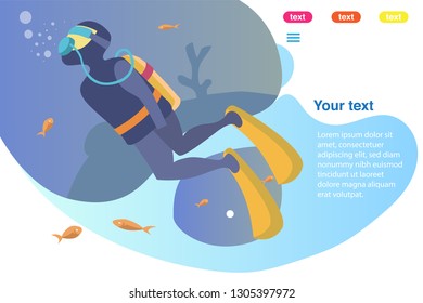 illustration of man diving in the sea, Diving Experience Web Design Landing Page Template Illustration With professional People In Various Activity