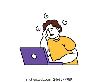 illustration of a man dizzy and having a headache while working. not feeling well when using a laptop. sick while working. tiredness or exhaustion. outline style character illustration. graphic