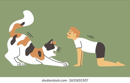 illustration of a man do yoga with cat.