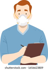 Illustration of a Man Doctor or Nurse Wearing Scrub Suit and N95 and Writing Something on Clipboard