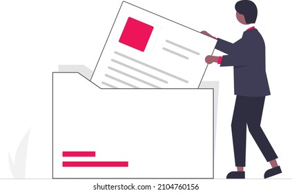 illustration of a man with documents in a filling system. Vector illustrations