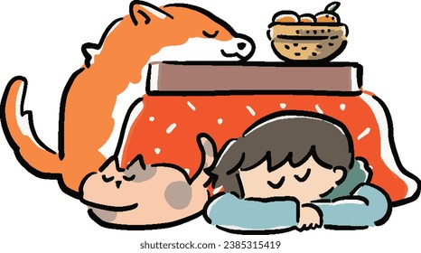 Illustration of a man, dog, and cat relaxing at a kotatsu
