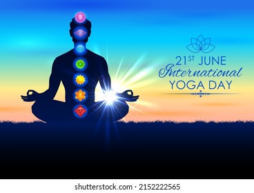 illustration of man doing asana for International Yoga Day on 21st June with Tantra Sapta Chakra meaning seven meditation wheel