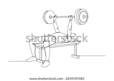 Illustration of a man doing a bench press with a barbell isolated on white background. Line art drawing style.