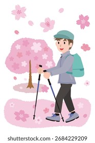 Illustration of the man doing cherry blossom viewing in the spring.