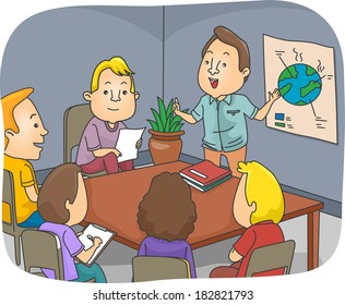 Illustration of a Man Doing an Environment-Related Presentation at a Meeting