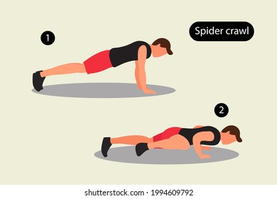 Ilustración. Hombre haciendo ejercicio con . Ejercicio araña. dos pasos de araña arrastrada.
