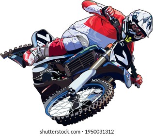 Illustration Of A Man Doing An Extreme Trick In His Motocross Motorcycle Using A Blue And White Helmet, Red And White Jersey, Shorts And Shoes