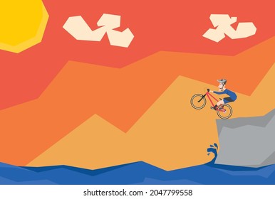 Ilustración de un hombre haciendo estilo libre con su bicicleta al borde del acantilado