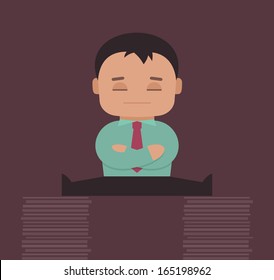 Illustration of a man doing a front splits on two paper stacks. This concept shows a businessman who took control over a paperwork. EPS 10.