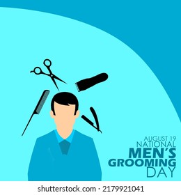 Illustration of a man doing hair treatment with barber shop tools and bold text on light blue background, National Men's Grooming Day August 19