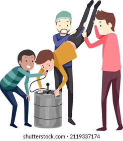 Illustration of Man Doing a Handstand, Drinking on a Keg of Beer Supported by Other Men