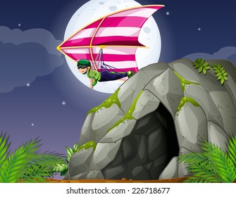 illustration of a man doing hang gliding over a cave