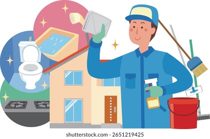 Illustration of a man doing house cleaning
