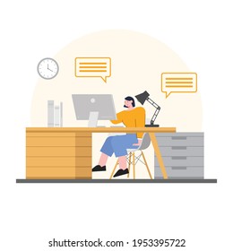 illustration of a man doing office work, starting up, working from home
