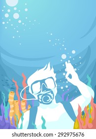 Illustration of a Man Doing the Okay Sign While Underwater