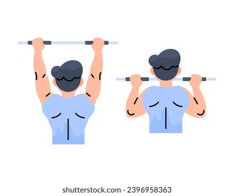 ilustración de un hombre haciendo retoques. colgando y levantando el cuerpo. brazo del tren y fuerza superior del cuerpo. deportes calistenicos. cuerpo muscular. diseño de ilustraciones de tipo plano o caricatura. gráfico