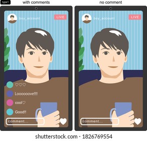 Illustration of a man doing SNS live. With or without comments　vector