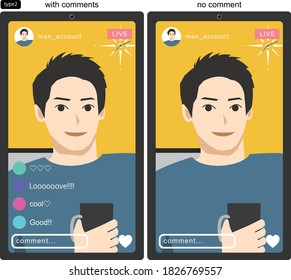 Illustration eines Mannes, der SNS live macht. Mit oder ohne Kommentar Vektor.