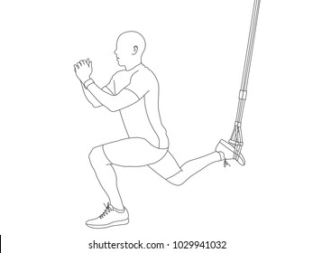 Illustration of man doing suspended lunge trx exercise isolated on white. Linear vector illustration.