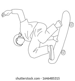 Ilustración de un hombre haciendo un truco con éxito en una tabla de patinaje (dibujo de línea)