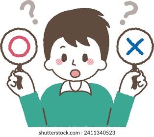 Illustration of a man doing a true or false quiz.