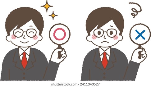 Illustration of a man doing a true or false quiz.