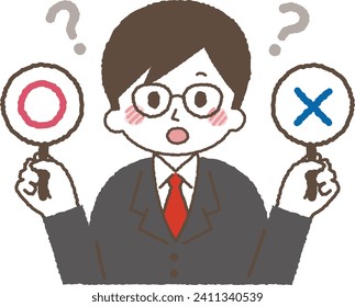 Illustration of a man doing a true or false quiz.