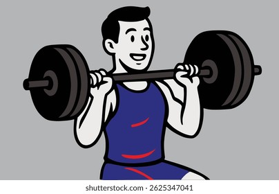 illustration of a man doing weight lifting exercises (barbell squat or shoulder press) at the gym.