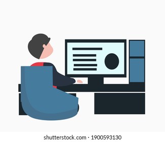 
illustration of man doing work on computer, freelancer, business, searching on internet, etc