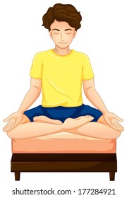 Illustration of a man doing yoga in his bed on a white background