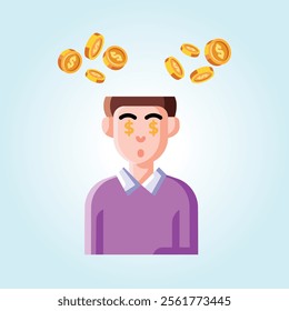 Illustration of a man with dollar signs in his eyes and coins floating above him. Represents wealth, obsession, or financial aspirations.